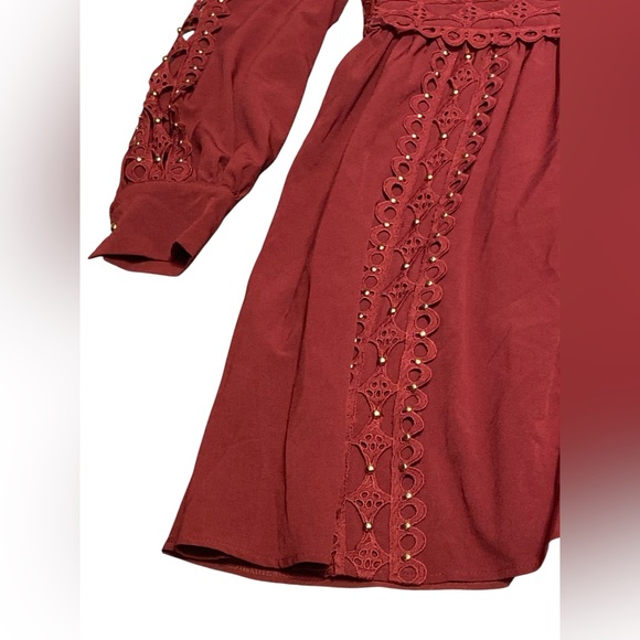 L'ATISTE Deep Red Lace Long Sleeve gold studded Dress - Picture 5 of 8